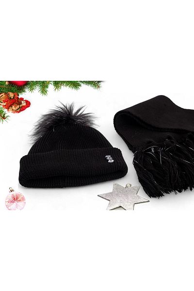 Eke Tekstil Black Plain Pompom Tasseled 1-8 Years Old Girls' Scarf and Beanie Set