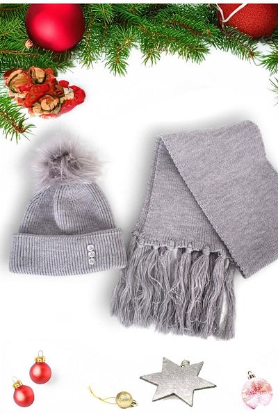Eke Tekstil Gray Plain Pompom Tasseled 1-8 Years Old Girl's Scarf and Beanie Set