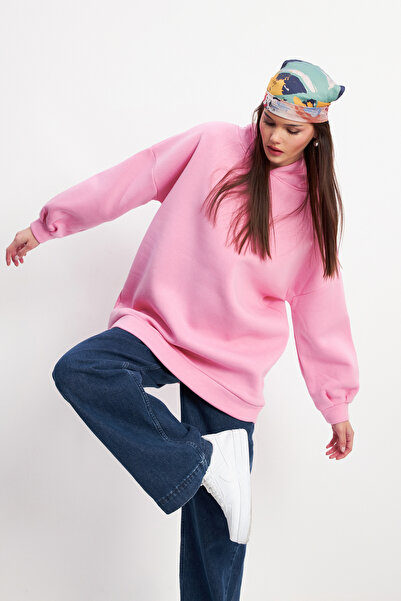 Yefrastore Kadın Pembe Oversize Şardonlu Kapüşonlu Sweatshirt