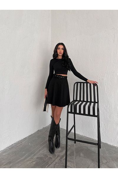 Ozy Fashion Fusta evazată din piele intoarsa cu curea de culoare neagra de dama