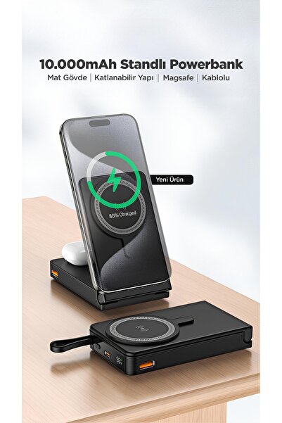 Cepsuar MagSafe Hızlı Şarj Özellikli Powerbank 15W 3in1 Kablosuz Standlı Şarj...