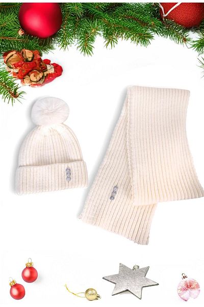 Eke Tekstil White Plain Pompom Buttoned Women's Scarf and Beanie Set