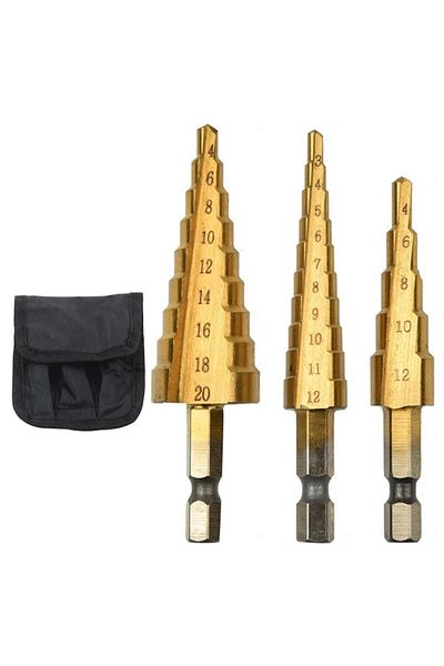 Choice Small 3pc Cloth Bag Step Drill Titanium Plated Hexagonal Shank Straight Groove 3-12/4-12/4-20/4-32mm