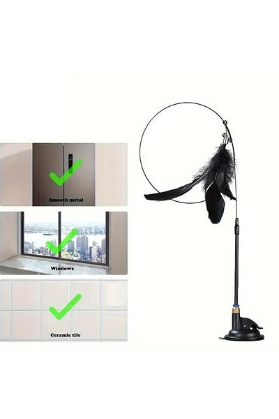 Choice Black Enhanced Cat Teaser Toy - Interactive Bell & Feather Wand - Long Suction Cup Pole For Exciting