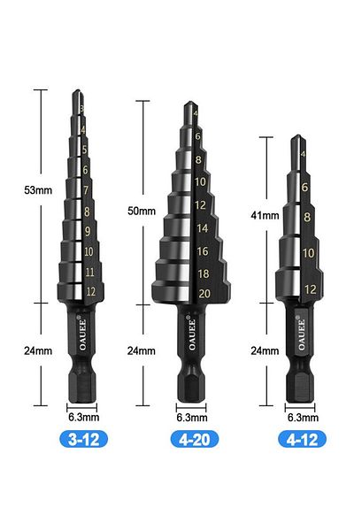 Choice 3pcs 3pcs Hss Straight Groove Step Drill Bit 3-12mm 4-12mm 4-20mm Nitride Black Hex Wood Metal Hole