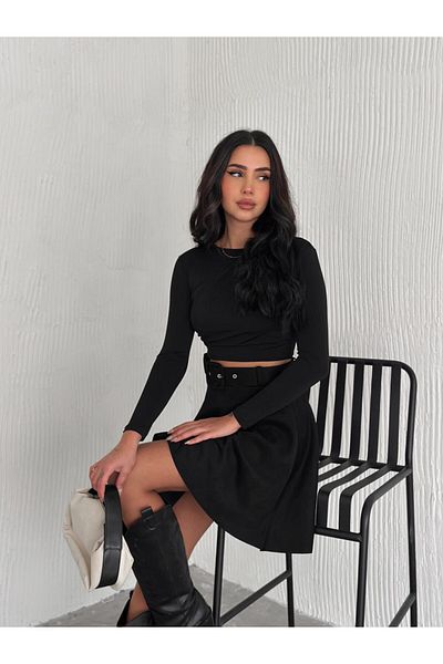 Ozy Fashion Fusta evazată din piele intoarsa cu curea de culoare neagra de dama