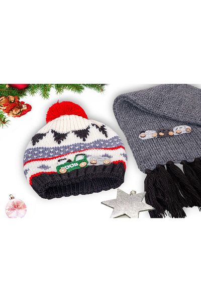 Eke Tekstil Anthracite Pompom Car Embroidered Beanie and Car Embroidered Tassel 9-15 Years Old Scarf Set