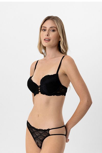 Pierre Cardin Μαύρο 4820 Lyon Lace and Rope Λεπτομερές Extra Push Up Σετ φανταχτερό σουτιέν με επένδυση/Σετ εσωρούχων
