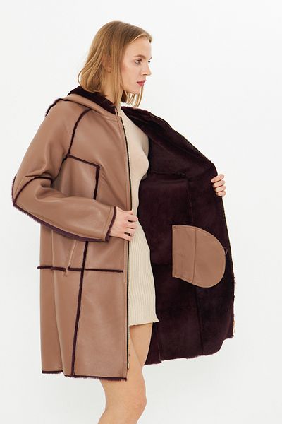 By Marki Marki Genuine Leather Oversize Women's Coat with Hood - Burgundy with Fur Inside - Brown 90 cm - 113422