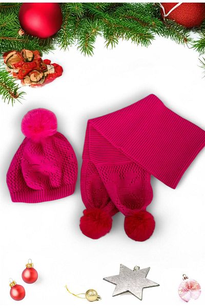 Eke Tekstil Fuchsia Plain Patterned Pompom 1-8 Years Old Children's Scarf and Beanie Set