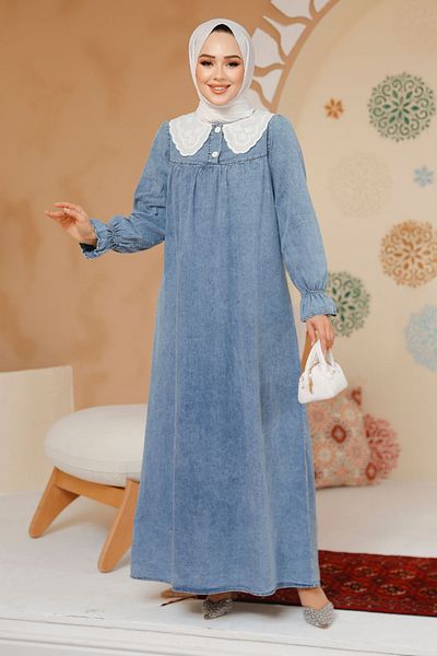 Neva Style Rochie Hijab Albastru Denim Guler Bebeluş 19120M