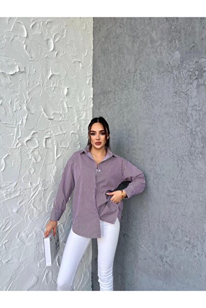 Z&G ZARRAGENBOS Kadın Çizgili  Gizli Patlı Poplin Gömlek