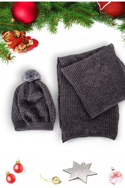 Eke Tekstil Anthracite Plain Pompom Patterned Women's Scarf and Beanie Set