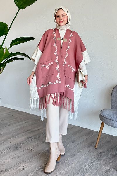 InStyle Kordine Κέντημα Φούντες Dusty Rose Knitwear Poncho