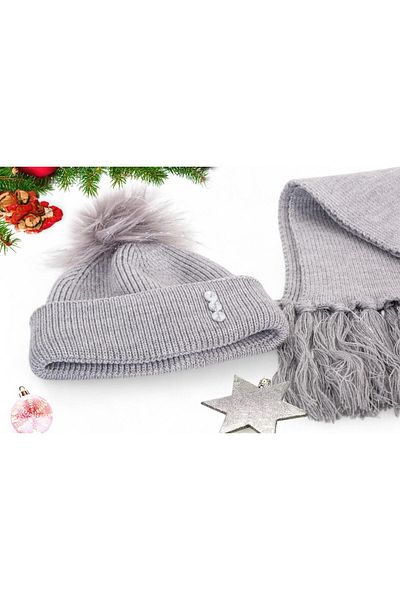 Eke Tekstil Gray Plain Pompom Tasseled 1-8 Years Old Girl's Scarf and Beanie Set