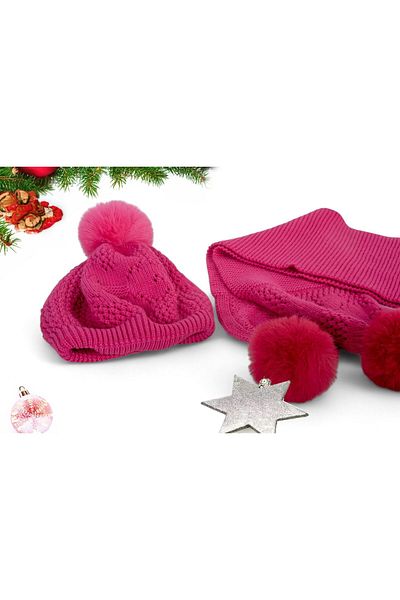 Eke Tekstil Fuchsia Plain Patterned Pompom 1-8 Years Old Children's Scarf and Beanie Set
