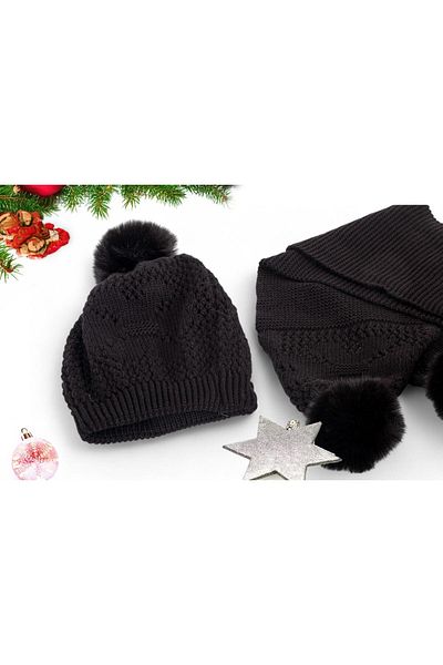 Eke Tekstil Anthracite Plain Patterned Pompom 1-8 Years Old Children's Scarf and Beanie Set