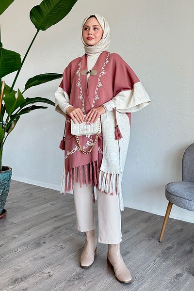 InStyle Kordine Κέντημα Φούντες Dusty Rose Knitwear Poncho