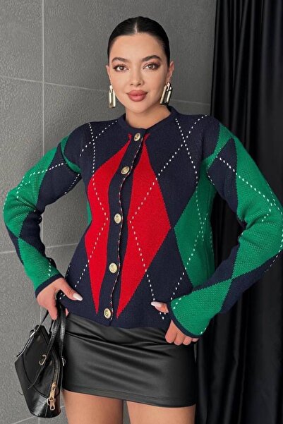 Ded COLLECTION Women's Diamond Patterned Button Detailed Navy Blue Stylish Kn...