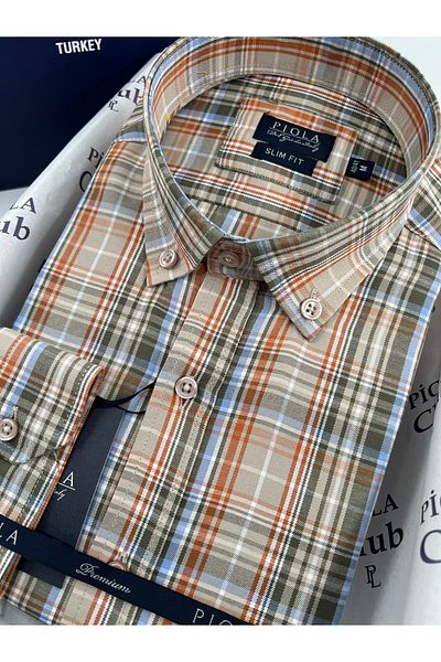 Piola Club Men's Plaid Shirt - Slim Fit, Button-Down Collar, Mustard