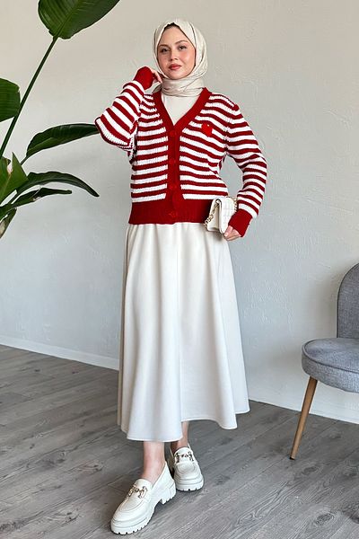 InStyle Κόκκινη πλεκτή ζακέτα με ρίγες καρδιάς
