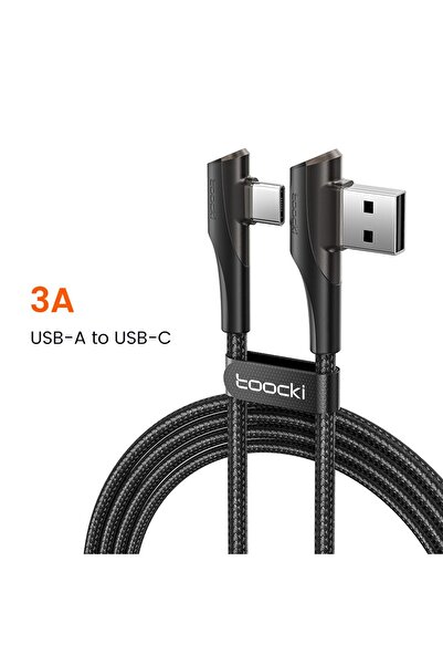 Toocki كابل USB أسود بطول 1 متر وقوة 3 أمبير، شحن سريع 3.0، كابل شحن سريع من النوع C بزاوية 90 درجة، كابل بيانات مزدوج