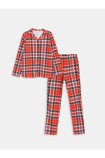 LC Waikiki Lcw Dream Red Shirt Collar Plaid Long Sleeve Girls Pajamas Set