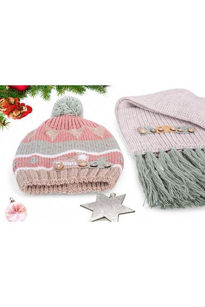 Eke Tekstil Camel Color Pompom Car Embroidered Beanie and Car Embroidered Tassel 9-15 Years Old Scarf Set