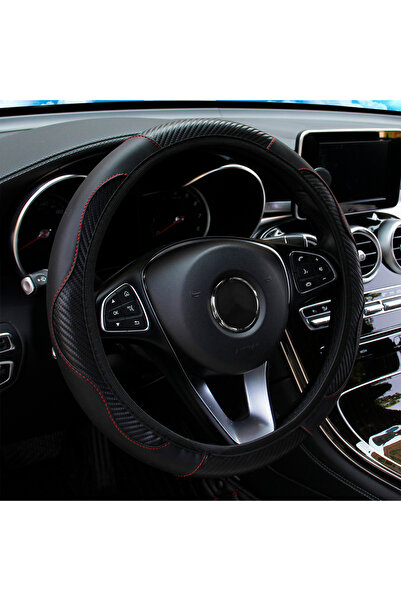 Choice غطاء عجلة قيادة السيارة من الجلد الأسود المصنوع من ألياف الكربون بدون حلقة داخلية مناسب للسيارات مقاس 14.5-15 بوصة