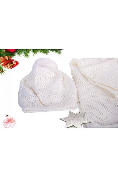 Eke Tekstil White Plain Pompom Patterned Women's Scarf and Beret Set