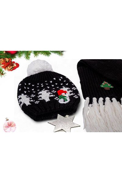 Eke Tekstil 6-12 Years Old Children's Snowman Black Scarf and Beanie Set
