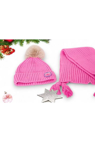 Eke Tekstil Pink Duck Embroidered Children's 1-8 Years Old Scarf and Beanie Set