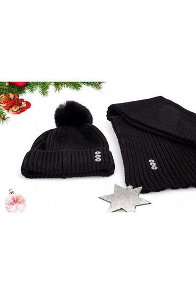 Eke Tekstil Black Plain Pompom Buttoned Women's Scarf and Beanie Set
