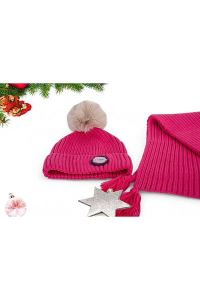 Eke Tekstil Fuchsia Duck Embroidered Children's 1-8 Years Old Scarf and Beanie Set