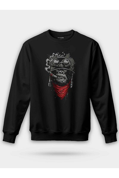 nirvoda Purolu Gorilla Printed Unisex Crew Neck Oversize Sweatshirt Black
