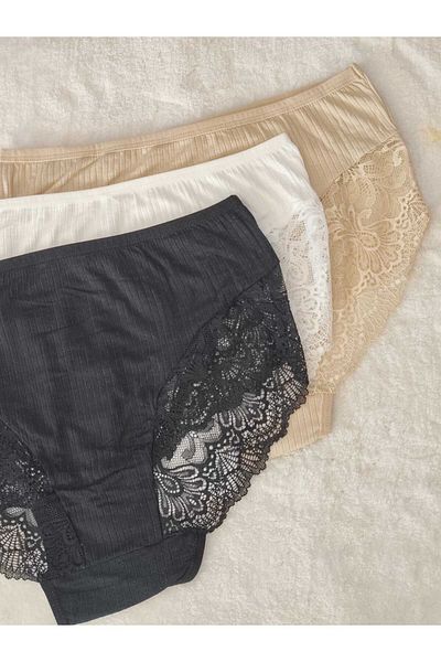 don & seza Large Size Ribbed Lace 3-Piece Bato Panties Set