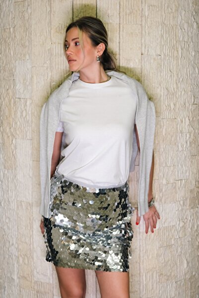 Anyelavita Gri Pullu Işıltılı Etek