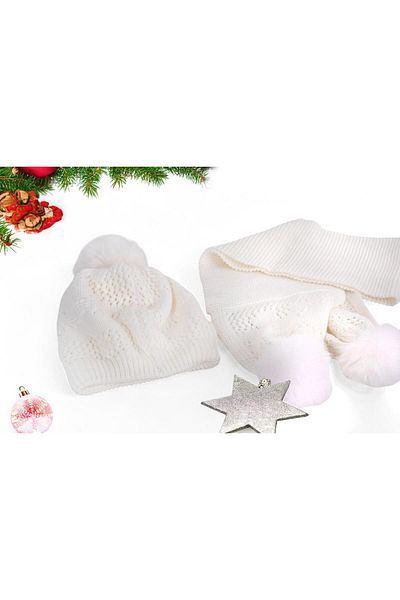 Eke Tekstil White Plain Patterned Pompom 1-8 Years Old Children's Scarf and Beanie Set