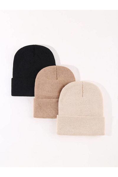 Eke Tekstil Unisex sada 3dílných baretů složených černých, světlých norkových a kamenných