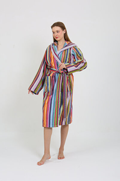 Homelover %100 Pamuk Dikey Renkli Çizgili Kapüşonlu Kadın Bornoz -  Yüksek Emilim Ultra Lüks Bornoz