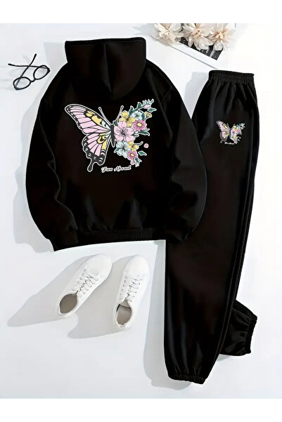 Nebulaa Tekstil بدلة رياضية Nebulaa بنمط الفراشة مع بنطال رياضي بغطاء للرأس و...