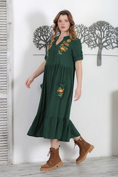 Chiccy Dark Green Dress with Judge Collar - Button, 3/4 Sleeve, Ruffle Hem, Embroidery Detail 134 54