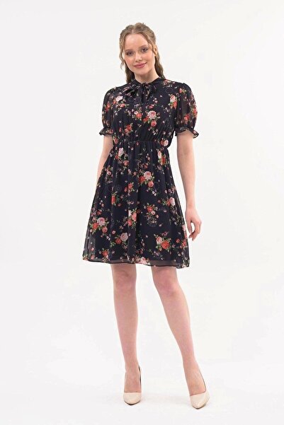 Genel Markalar Apsen Kadın Siyah Çiçek Desenli Bağlamalı Yaka Diz Üstü şifon ...