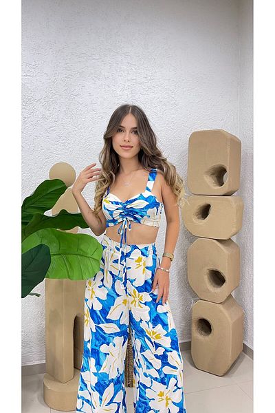 MODA Viscose Print Suspender Pants Crop Set