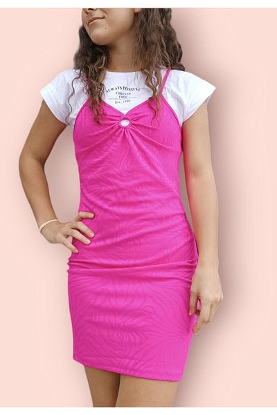 Kübra Tekstil Rochie pentru fete, 2 piese, cu bretele, cu tricou dublu/tricou/tricou