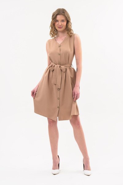 Apsen Collection Apsen Γυναικείο Αμάνικο Φόρεμα Χρώματος Καμήλας με Λεπτομέρε...