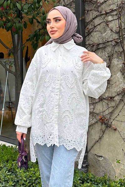 Neva Style Tunica Hijab cu dantela alba - 13512B