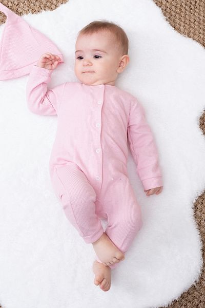 Bubito Pink Baby Romper with Waffle Print and Hat