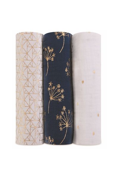 Aden Anais Aden + Anais - Swaddles Metallic Gold Deco - عبوة من 3 قطع