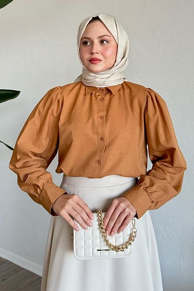 InStyle Cămașă Camel lejeră cu mâneci cu balon